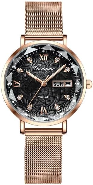 WATCHPRO - Swiss Brand POEDAGAR Women Watch Stainless Steel Mesh Rose Gold Simple Waterproof Luminous Ladies Watches Luxury Quartz Elegant