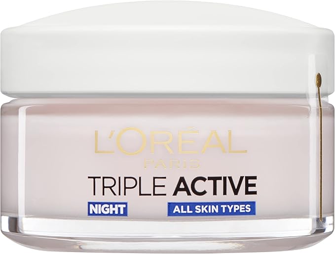 L'Oréal Paris Triple Active Night 24H Hydrating Moisturiser. Hydrate, Protect & Restore Skin Barrier. Skin feels soft & soothed. Formulated with Glycerin & Ceramides 50ml