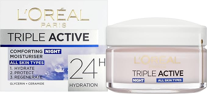 L'Oréal Paris Triple Active Night 24H Hydrating Moisturiser. Hydrate, Protect & Restore Skin Barrier. Skin feels soft & soothed. Formulated with Glycerin & Ceramides 50ml