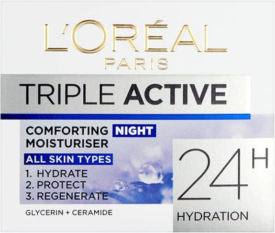 L'Oréal Paris Triple Active Night 24H Hydrating Moisturiser. Hydrate, Protect & Restore Skin Barrier. Skin feels soft & soothed. Formulated with Glycerin & Ceramides 50ml