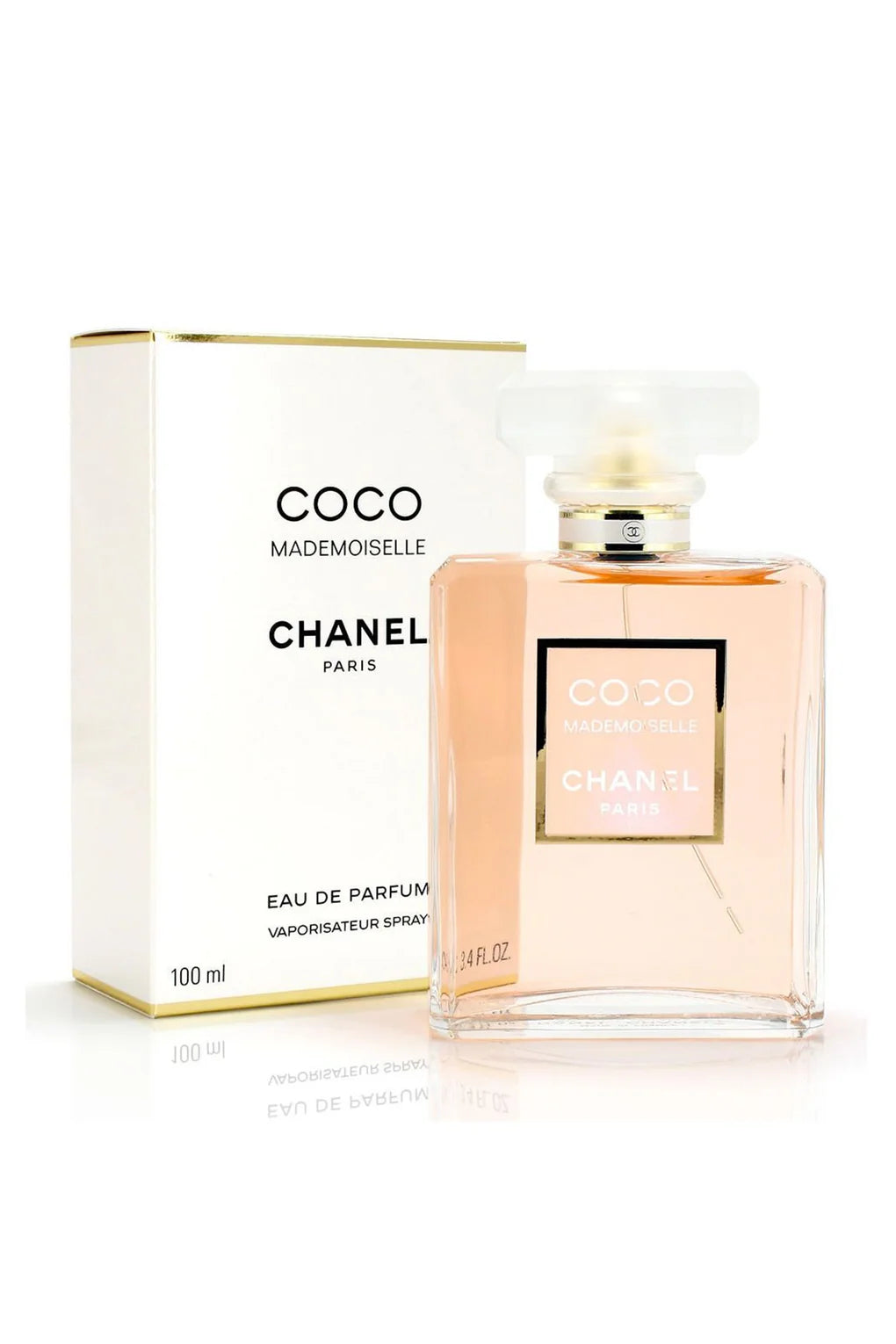 Chanel Coco Mademoiselle perfume bottle and packaging on a white background