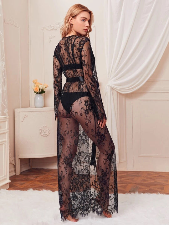 Elegant Floral Lace Sheer Black Robe with Belt Sultry & Lightweight Loungewear
