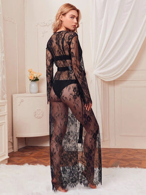Elegant Floral Lace Sheer Black Robe with Belt Sultry & Lightweight Loungewear