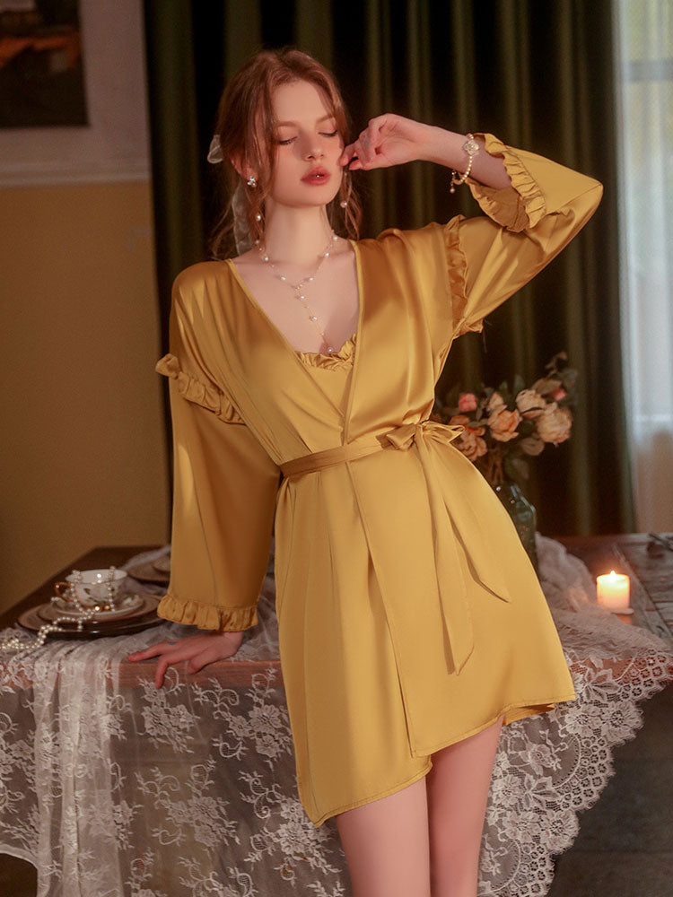 Sweet & Sexy Satin Lace Nightgown Robe Ruffle Edging Babydoll Nightdress Lingerie Set for Women